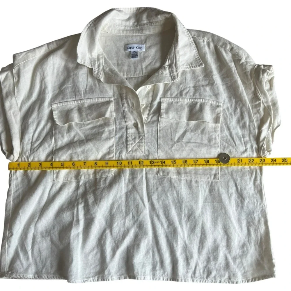 Calvin Klein Womens XL Cream Linen Blend‎ Short Sleeve Utility Henley Blouse Top